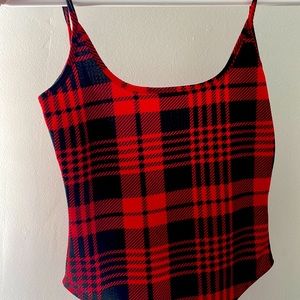 Red and black print bodysuit. Scoop back.